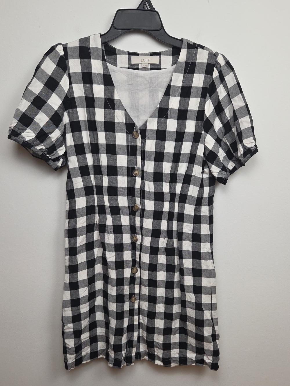 LOFT Linen Blend Black & White Gingham Plaid Dress Cottagecore Fall Minimalist 6